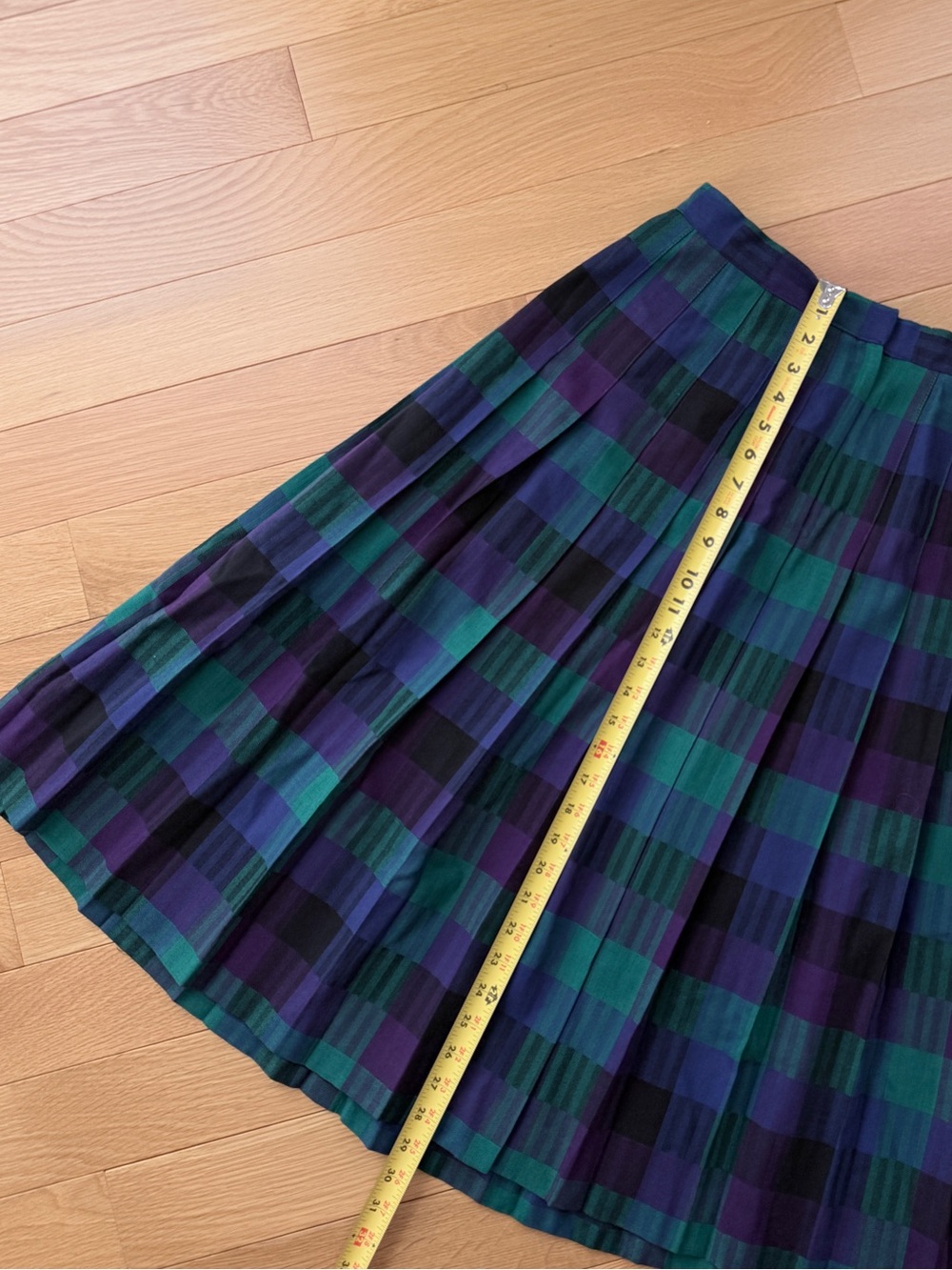 Vintage Made in USA 100% Wool Pleated Plaid Midi Skirt Blue Green Size 6
